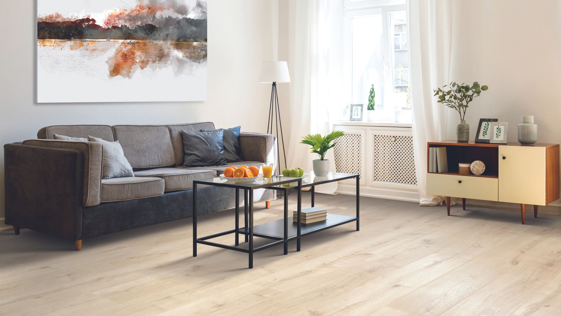 Laminate wood floors in a living room.